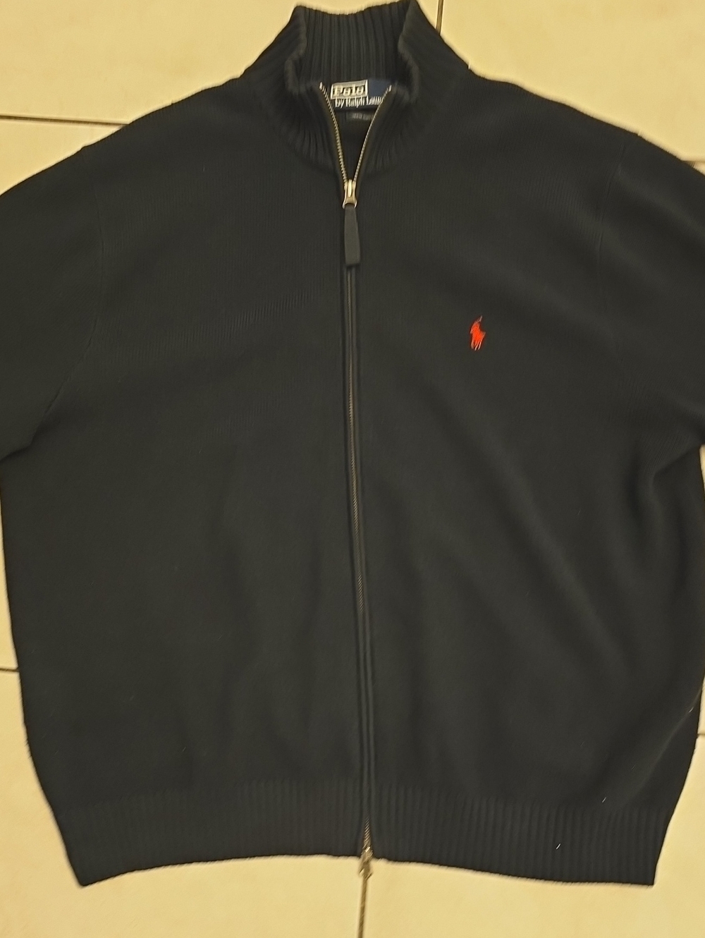 Polo by Ralph Lauren Men Navy Full-Zip Sweater with Red Pony, Used
